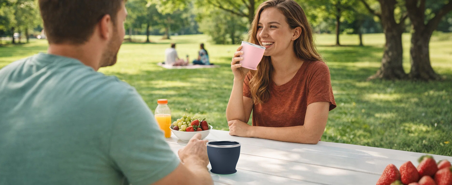 Drink beverages from a camping cup while camping outdoors.