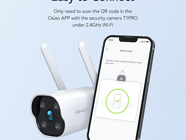 Wireless security camera with two antennas next to smartphone displaying app interface. Text mentions QR code scanning and Wi-Fi connection for setup.