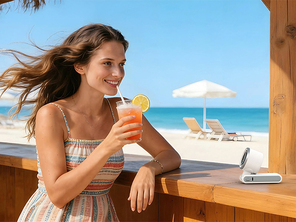 Relaxing vacation essentials white portable fan on table quiet personal fan for summer beach bar