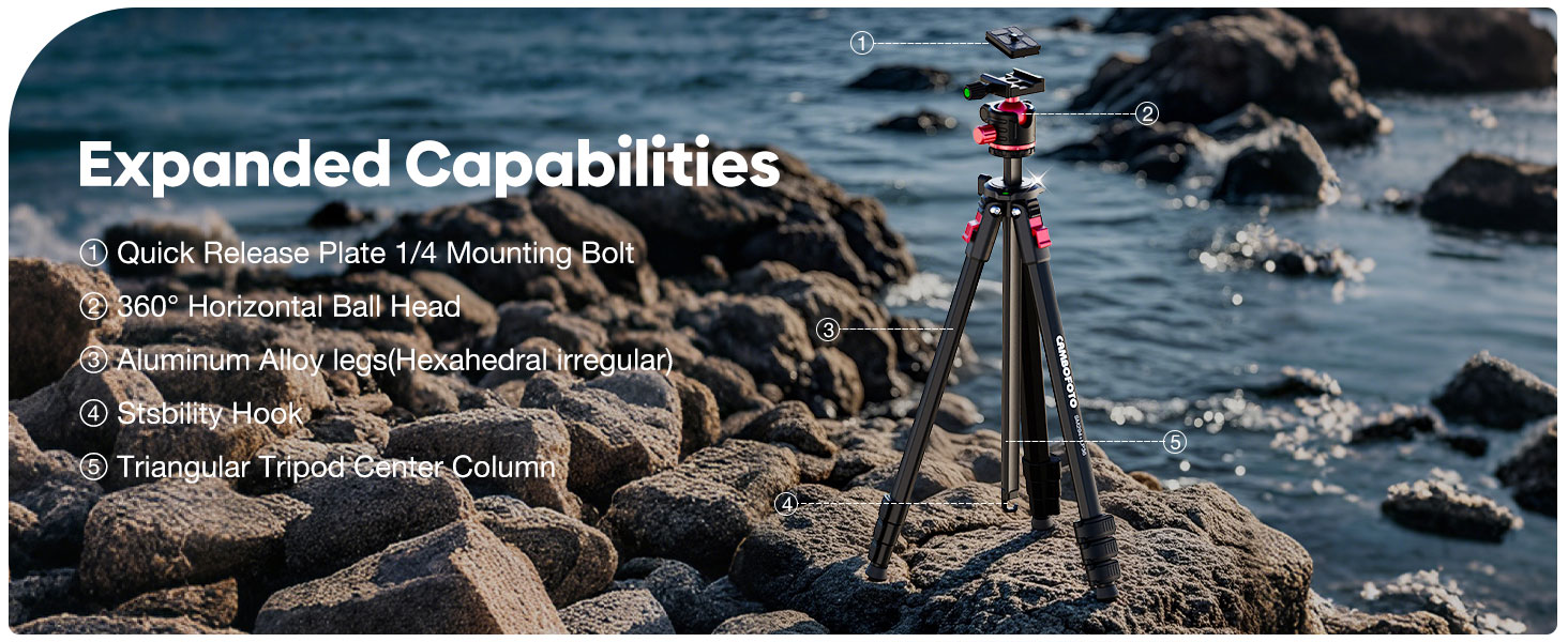 Quick Release Plate 1/4 Mounting Bolt. 360° Horizontal Ball Head. Aluminum Alloy legs.