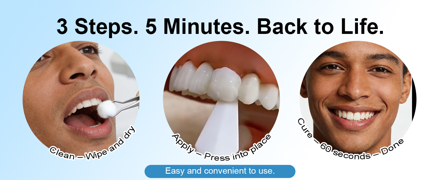 3 Steps. 5 Minutes. Back to Life. Tooth Repair Kit – Clean, Apply, Cure.