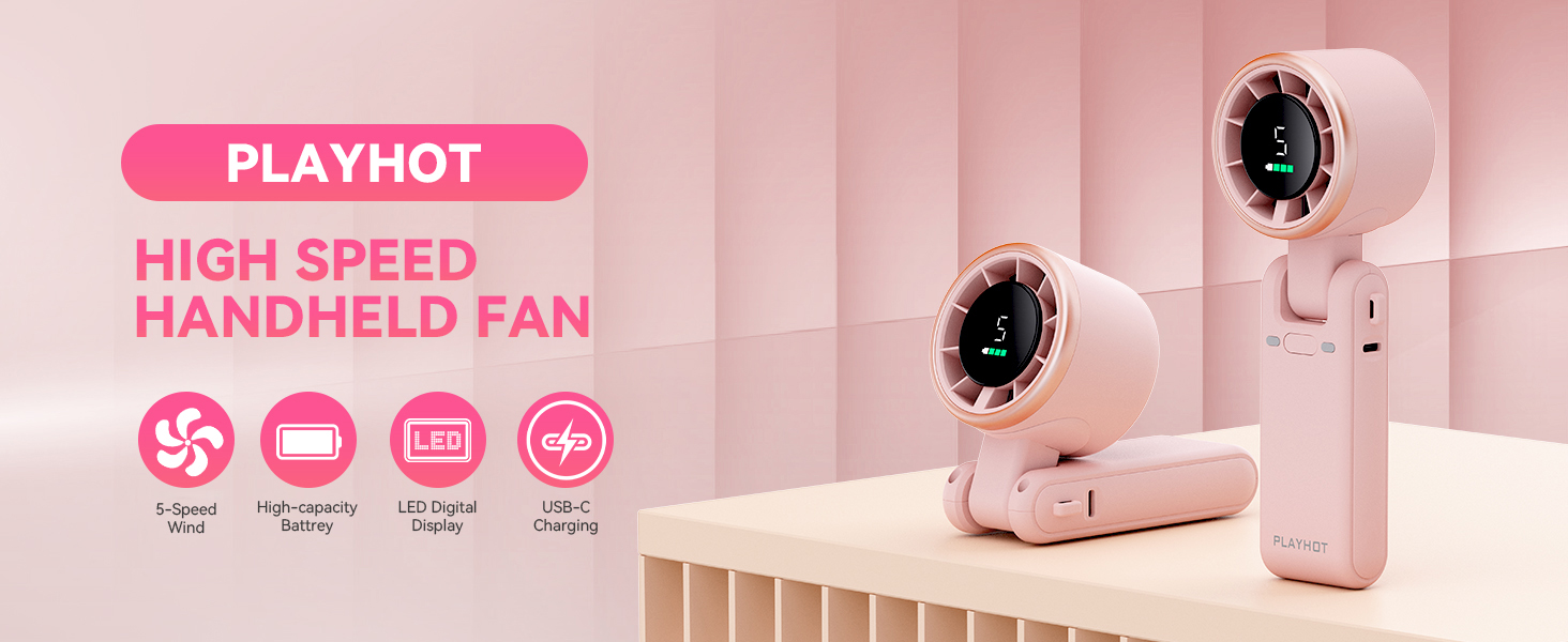 Pink handheld fan rechargeable LED digital display 4000mAh personal fan mini fan USB C charging