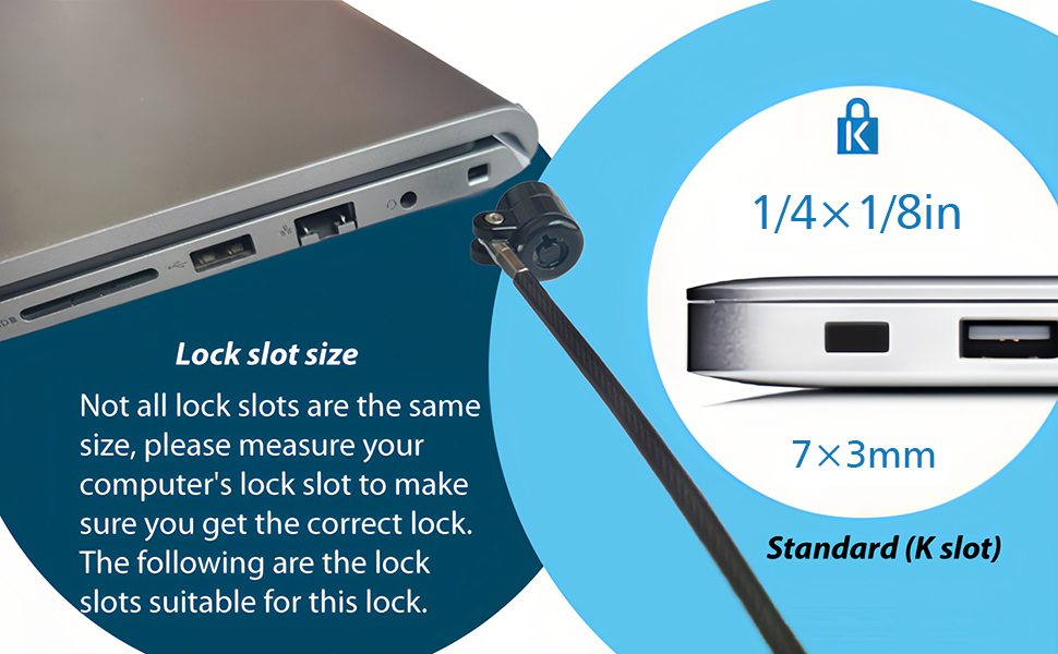 Technical diagram showing lock measurements and specifications with text '7×3mm' and 'Lock slot size' visible. Includes USB port illustrations and sizing information.
