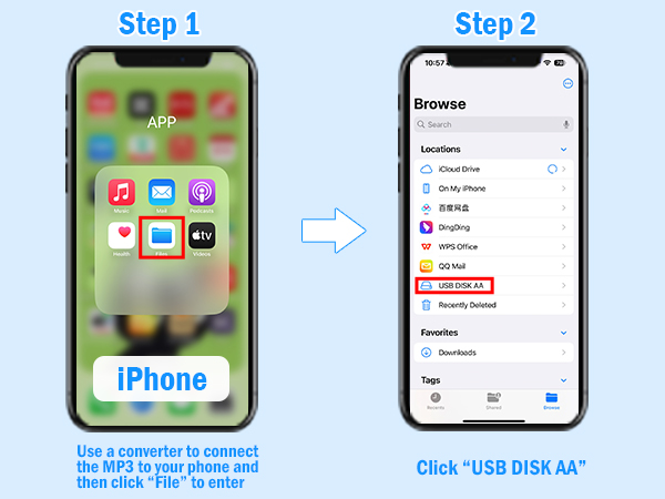 The OTG cable transfers songs from the phone to the mini music player