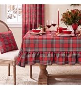 Softalker Christmas Ruffle Checkered Tablecloth Rectangle - Red Buffalo Plaid Linen Cotton Gingha...