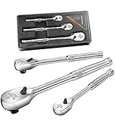 DURATECH 3-Piece Ratchet Set, 1/4", 3/8", 1/2" Drive Low Profile Ratchet Handle, 90-Tooth, Fully ...