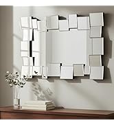 USHOWER Reage Rectangle Silver Bathroom Mirror 30"x40", Modern Geometric Accent Mirror, Luxury Sq...