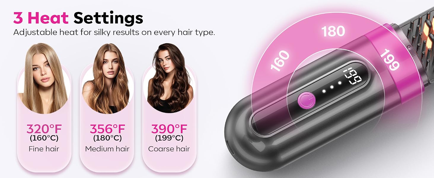 Minwoch Cordless Straightener Brush with 3 Adjustable Heat Settings for All Hair Types