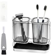 RISESAILS 2-Pack Gray Toothbrush Holders with Drain Tray &amp; Brush - Wall Mount or Countertop Bathr...