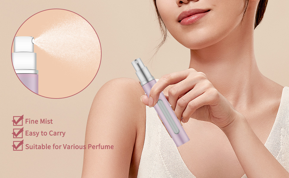 Perfume atomizer spraying mist on skin. Cylindrical glass bottle with silver cap. Text indicates fine mist, easy to carry, suitable for various perfumes.