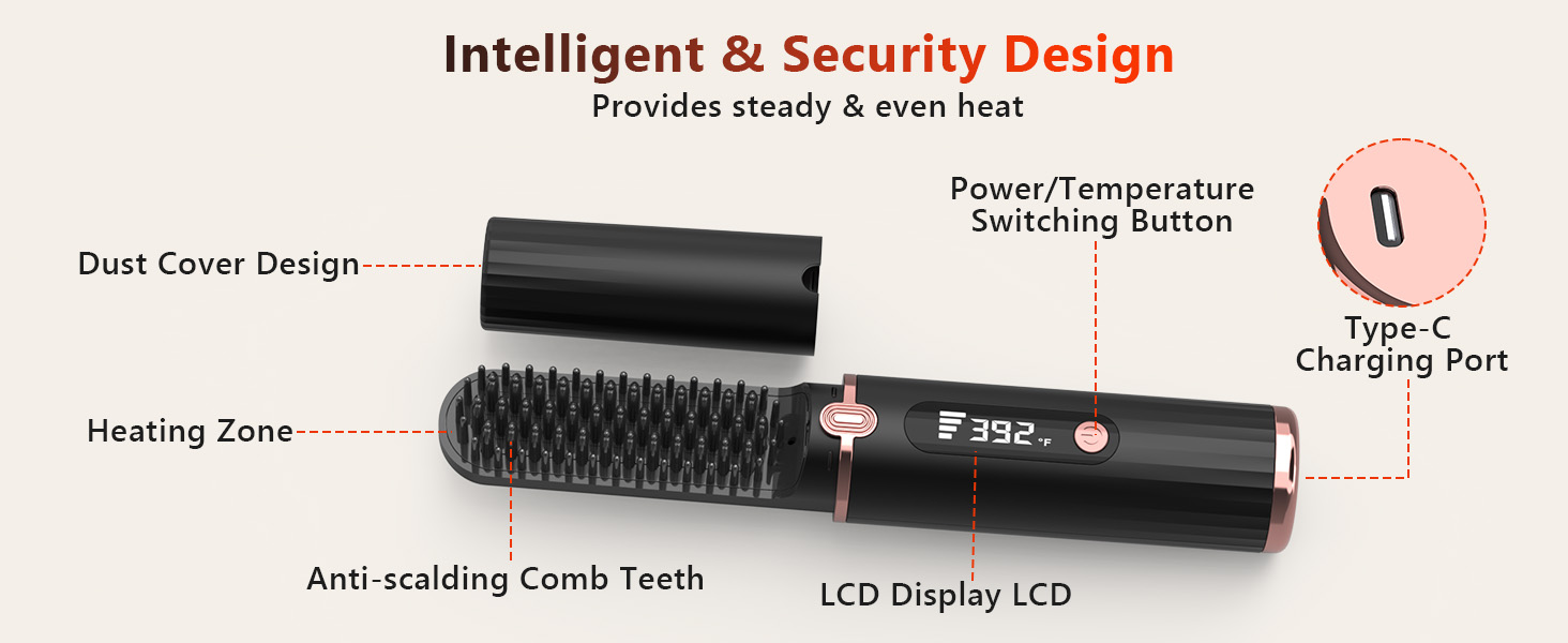 Cordless Hair Straightener Brush, Portable 4500mAh Rechargeable Straightening Comb, MCH Fast Heat