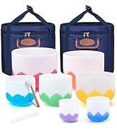 432Hz 6-12 Inch Set of 7 Lotus Quartz Crystal Singing Bowls with Gradient Colored Design, 2 Trave...