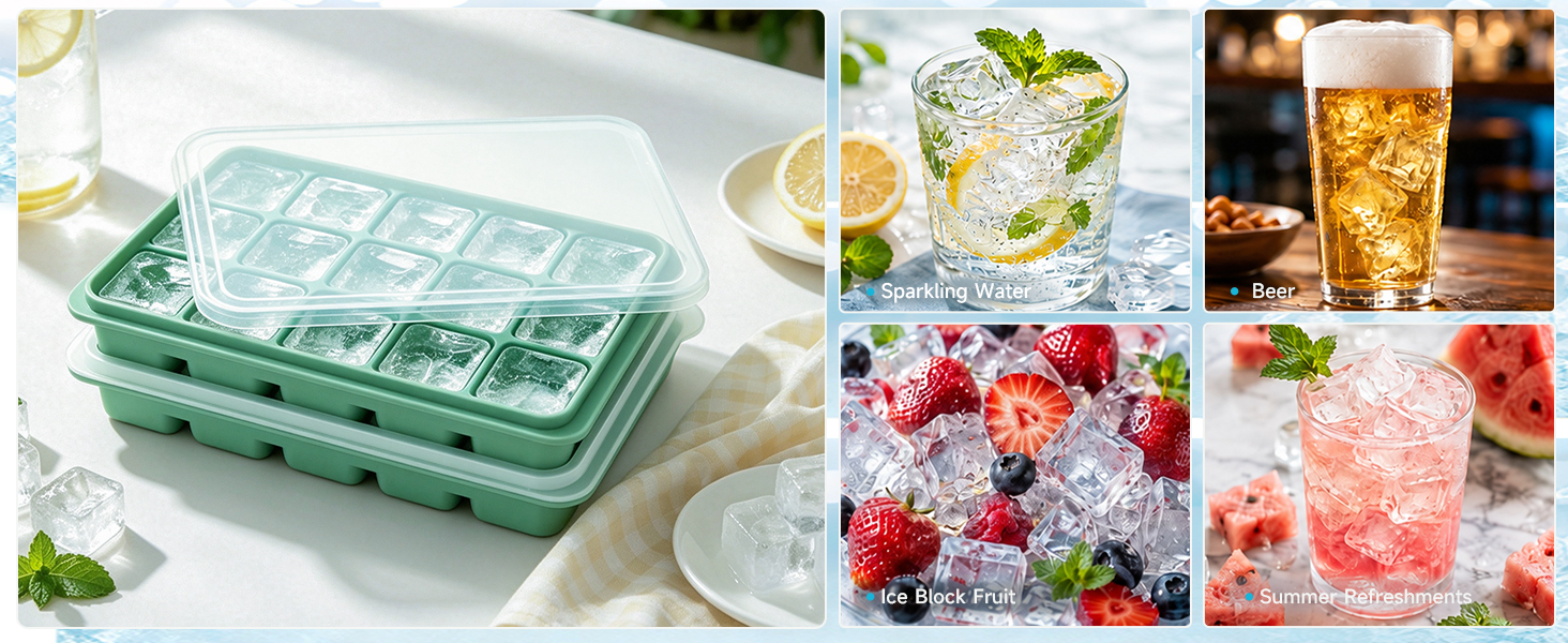 Ice Cube Trays Set of 2, 15-Cube Silicone Molds with Removable Lids