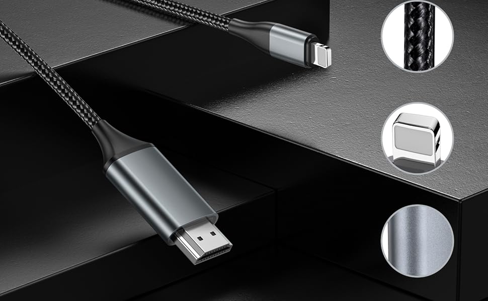 Black braided USB cable with metal connectors, featuring premium material construction shown in detail circles highlighting cord texture and connector design.