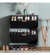 QIVOMIX Shoe Cabinet Storage,Modern Freestanding Organizer with 2 Flip Drawers,Narrow Shoe Rack C...