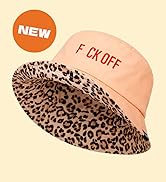 Text reads 'NEW' and 'F*CK OFF'. Pink bucket hat with leopard print interior, shown against cream background.