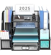 SUPEASY Mesh Desk Organizer with File Holder, 5-Tier Paper Letter Tray Organizer with Magazine Ho...