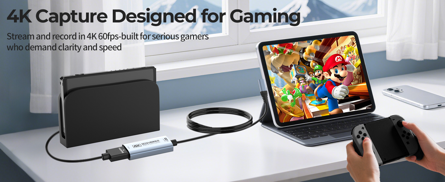 Text reads '4K Capture Designed for Gaming'. Product image showing laptop connected to capture device for gaming content creation.