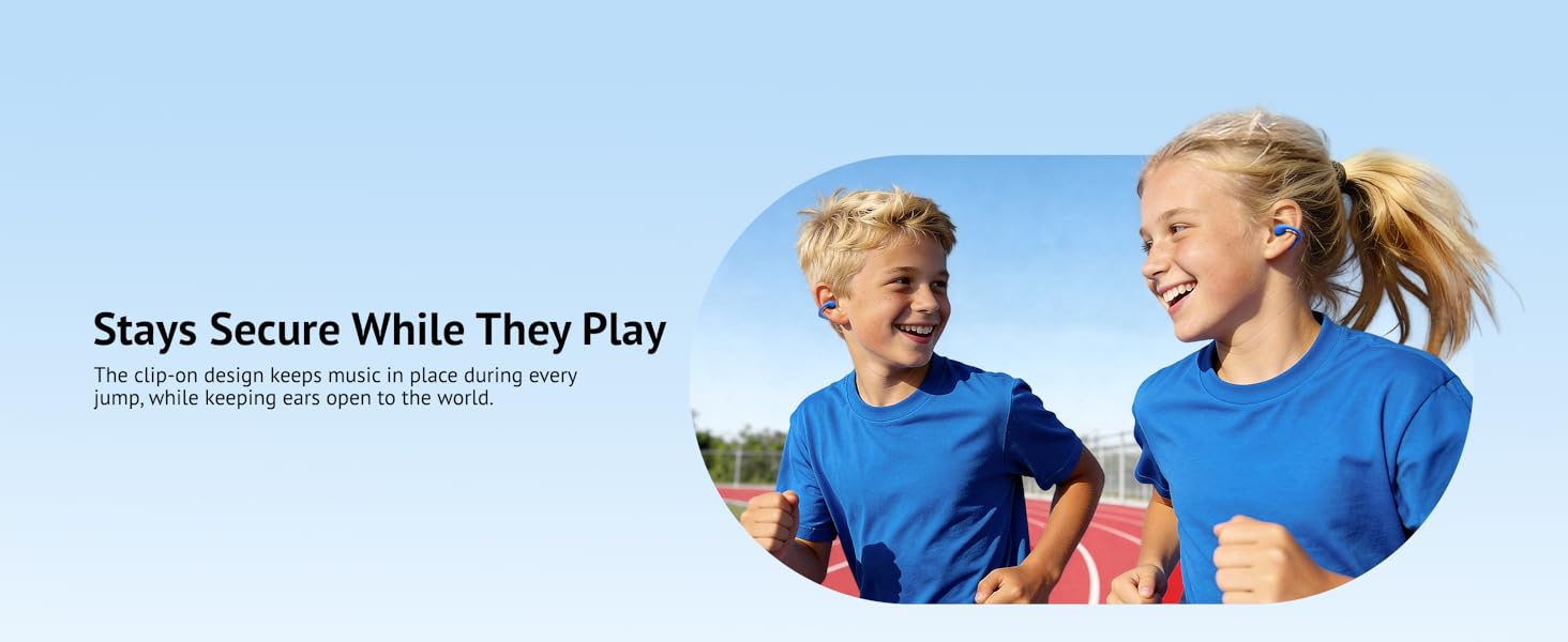 Students running on school track wearing secure fit open-ear clip headphones for sports.