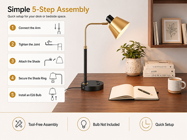 Industrial desk lamp with quick 5-step assembly guide