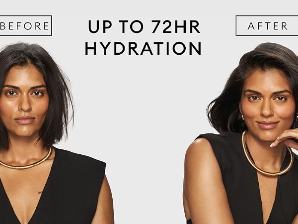 Before-and-after shot of woman&amp;#39;s hair going from damaged and frizzy to moisturized and soft.