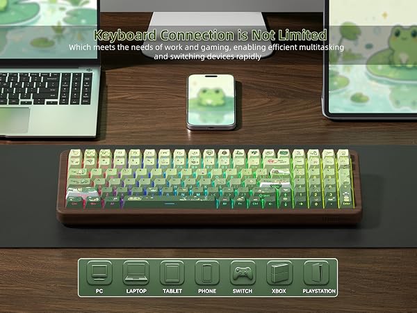 98% Wood Creamy Keyboard with Number Pad, Wireless Frog Keyboard Mechanical Gaming Keyboard