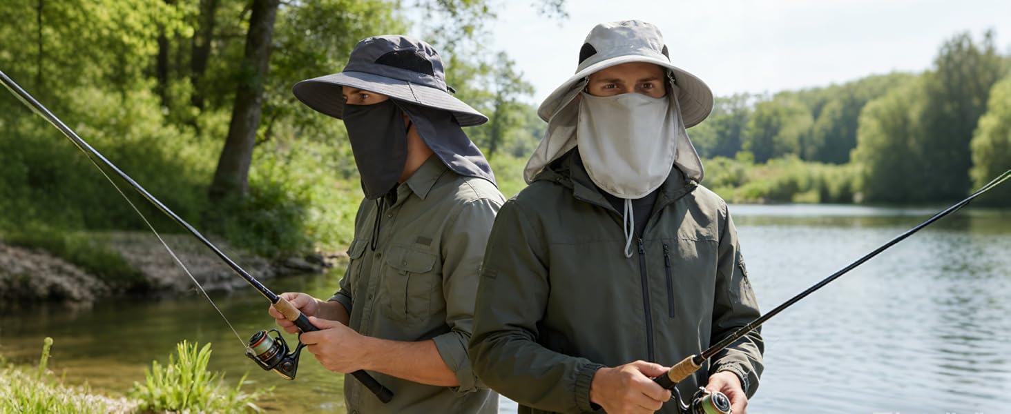 Fishing duo with sun hats: gray &amp;amp; light gray. Lake/woods, rods. UV-protective summer hats.