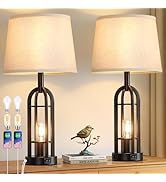 SRJJA Black Table Lamps for Living Room Set of 2 - Farmhouse Lamps for Night Stands with USB A+C,...