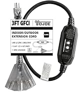 YOJOE 3 Foot GFCI Black Extension Cord,Lighted Outdoor 12/3 Cord with 3 Power Outlets,12 Gauge 3 ...