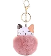 ZGLUZP Pink Cute Cat Shape Pom Pom Keychain Plush Ball Car Keychain Pendant Fluffy Keyring Charm ...