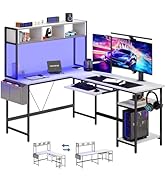 DUMOS L Shaped Gaming Desk 67”, Reversible Computer Desks with Led Lights Corner Table with Keybo...