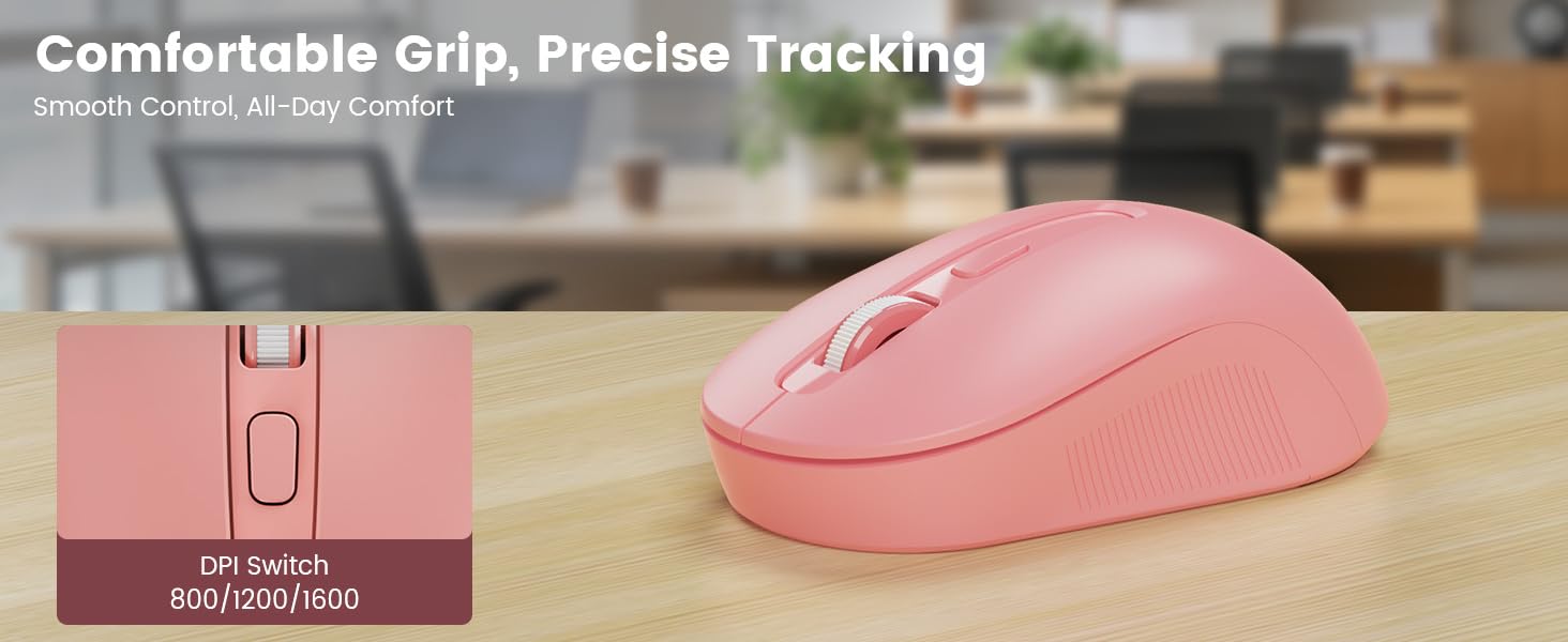 Ergonomic wireless mouse on desk, close-up shows DPI switch for 800/1200/1600 tracking.