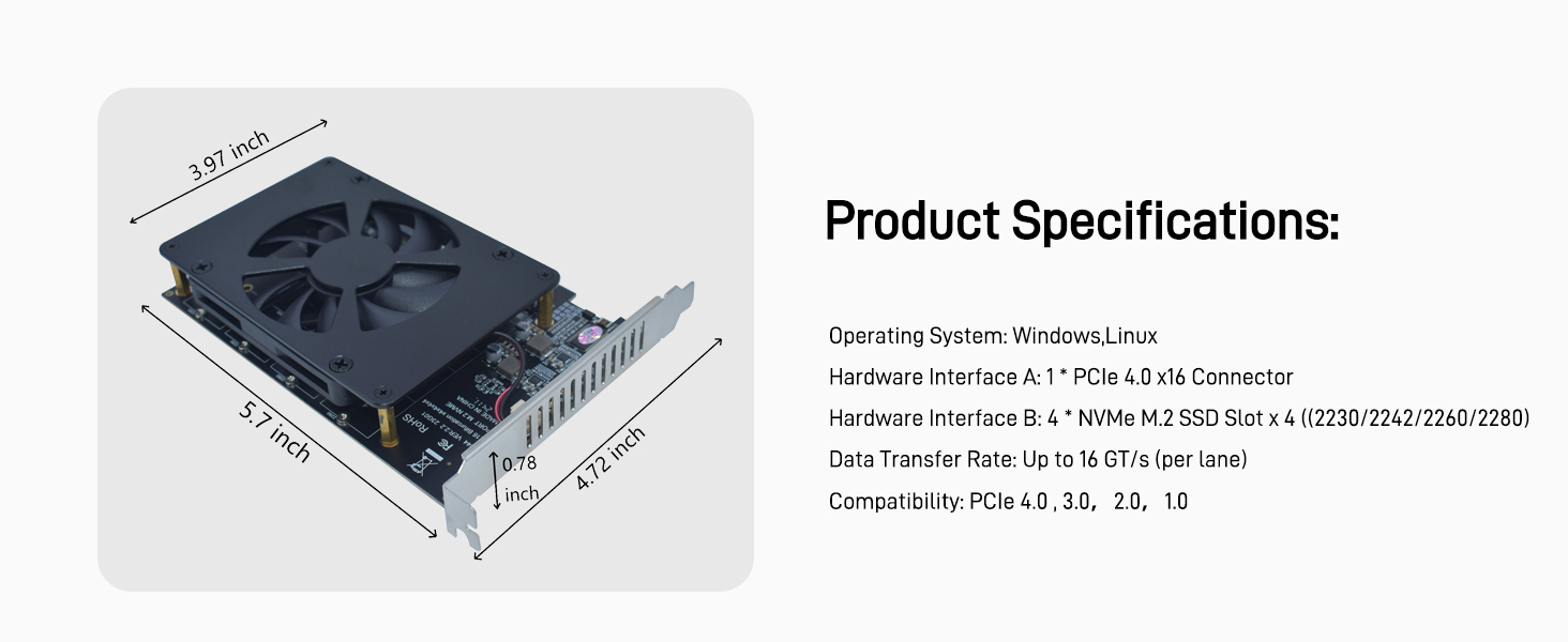 LetLinkSo Gen4 PCIe 4.0 x16 M.2 Expansion Adapter Card 4 Ports NVMe SSDs M Key with Brushless Fan