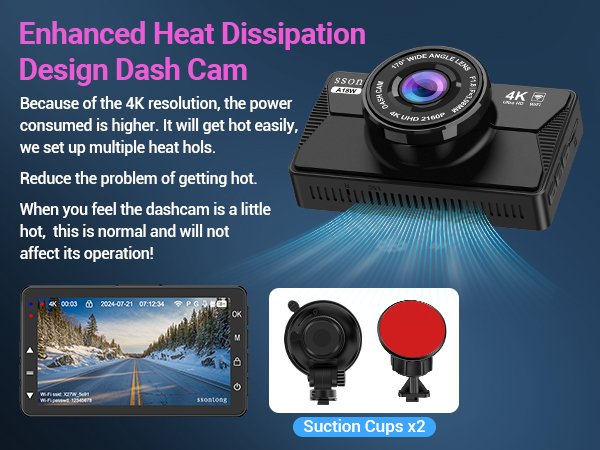 4K dash cam with enhanced heat dissipation design. Features include multiple heat holes, 4K resolution, and two suction cups for mounting. Product image and interface screenshot shown.