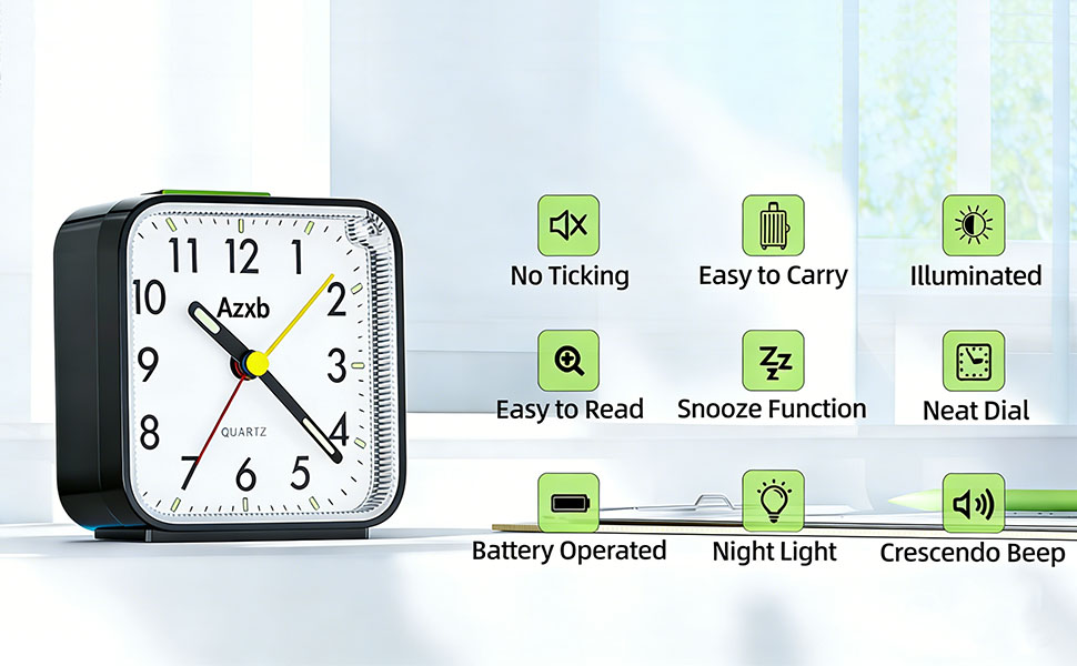 Azxb Analog Alarm Clock Silent Battery Operated Travel Alarm Clock with Night Light Snooze