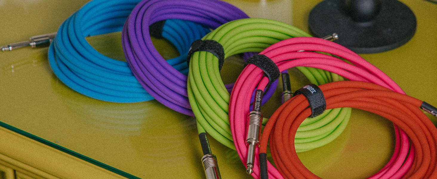 blue, purple, green, pink, orange guitar cable