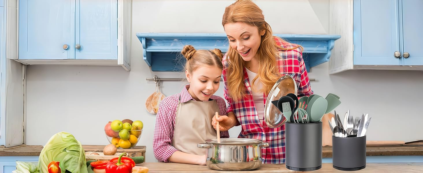 Kitchen Utensil Holder Extra Large 360°Rotating For Counter Organizer Stainless Cooking Caddy