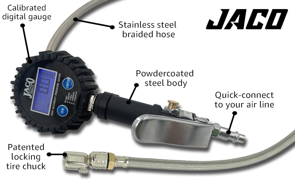 digital tire inflator with pressure gauge air chuck for compressor air line attachment
