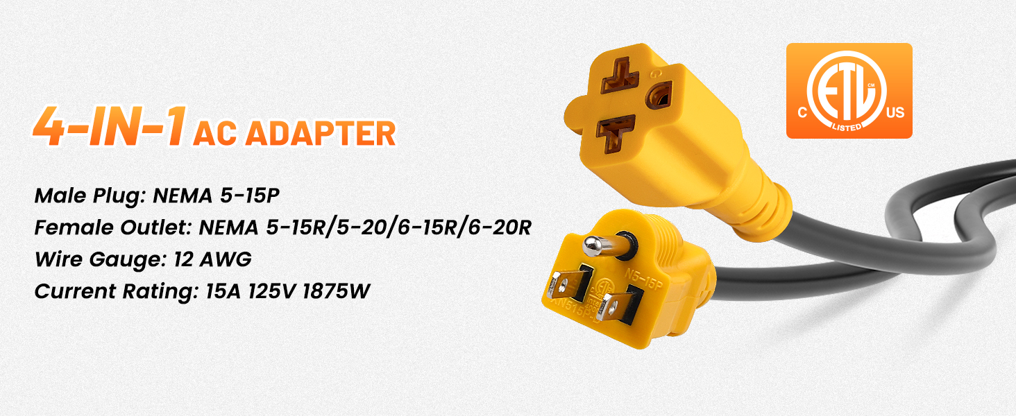 NEMA 5-15P to 5-15R/ 5-20R/ 6-15R/ 6-20R, 4 in 1 AC Adapter