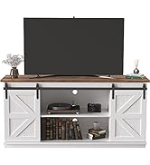 JUMMICO Farmhouse TV Stand up to 65 Inches, Mid Century Modern Entertainment Center with Sliding ...