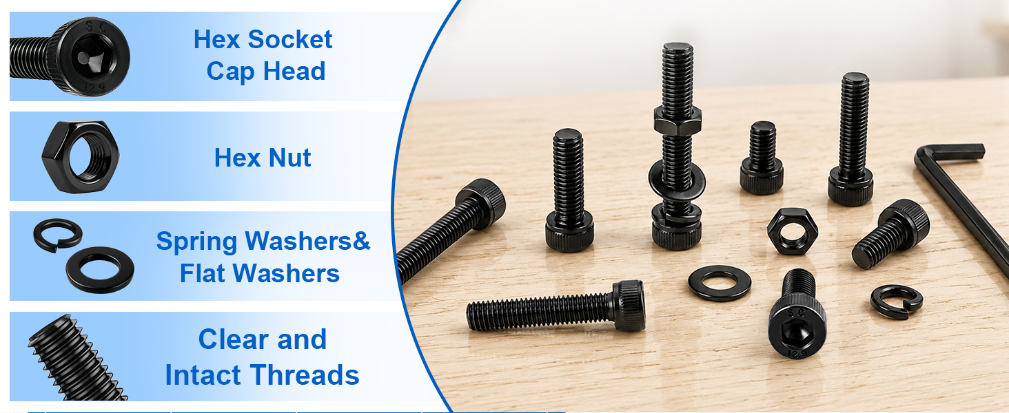 DFDU 300PCS 12.9 Grade Alloy Steel M5 Hex Socket Head Bolts Assortment Kit