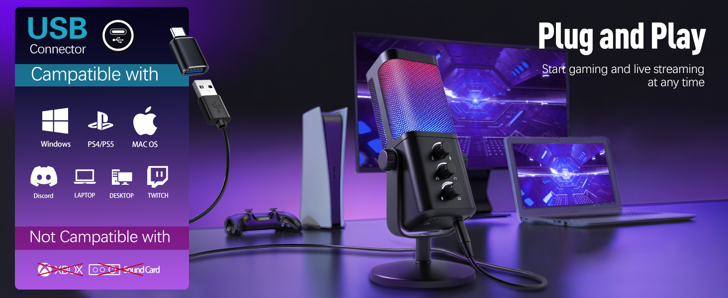 Text reads 'USB' and 'Plug and Play'. Gaming setup with purple/blue LED lighting showing compatibility icons for Windows, PlayStation, and Mac systems.