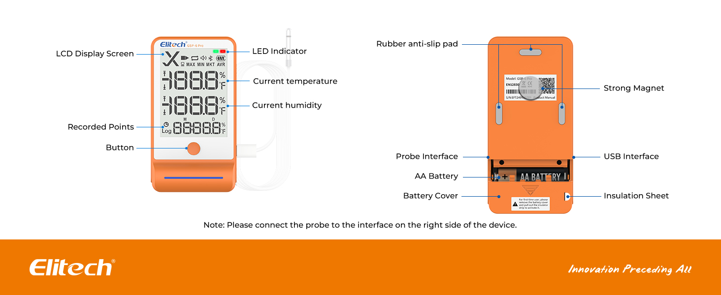 Note: Please connect the probe to the interface on the right side of the device.