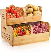 Noamus 2 Tier Bamboo Stackable Storage Bins, 4 Compartment Potato and Onion Storage Baskets, Pant...