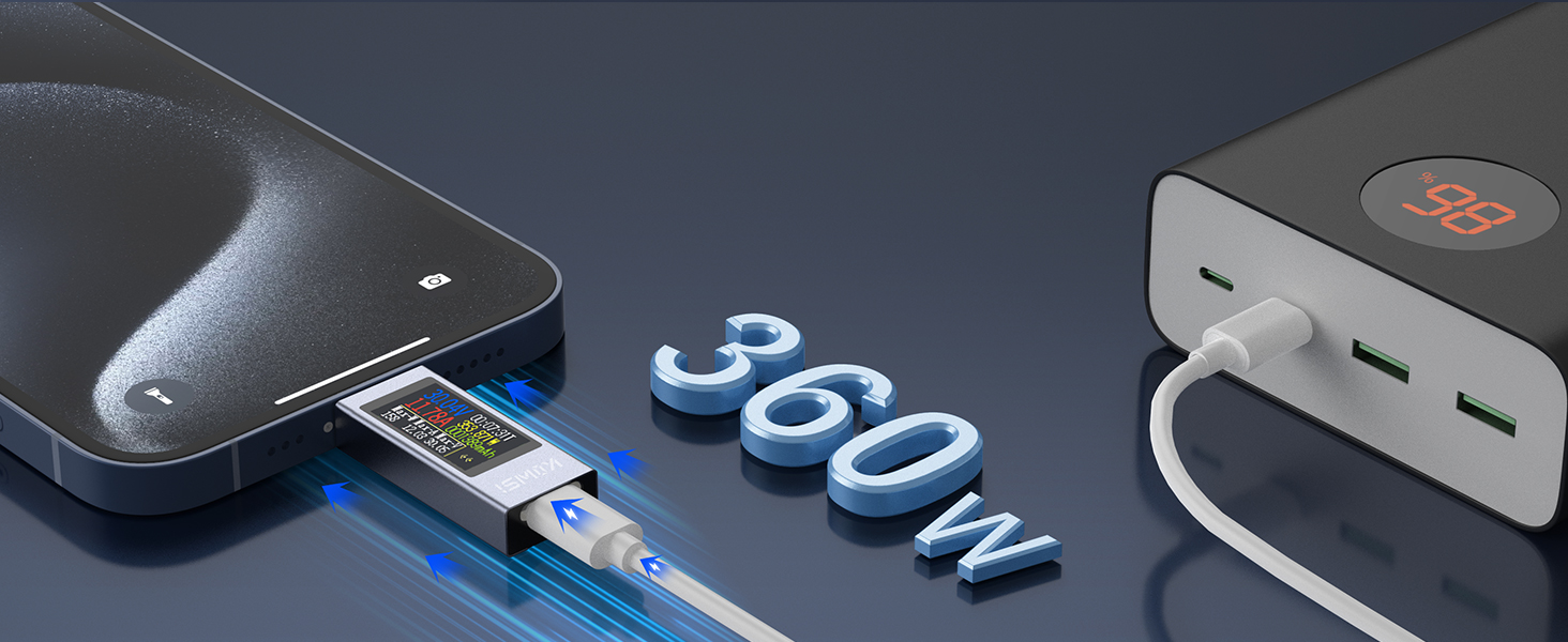Two portable battery packs connected by a blue cable. One device displays '360W', indicating high-power fast charging capability.