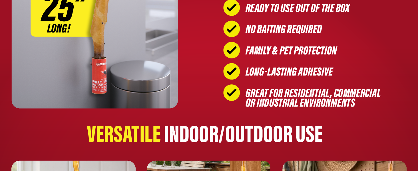 Catchmaster ribbon trap extends 25 feet for versatile indoor and outdoor fly control.