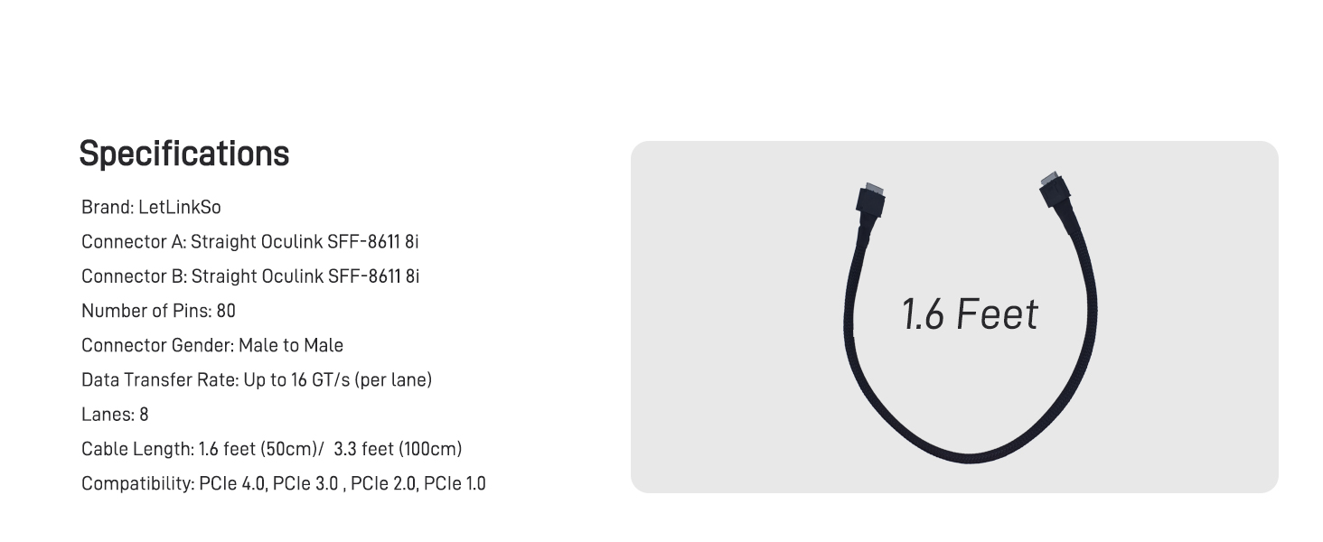 LetLinkSo Gen4 PCIe 4.0 Oculink SFF-8611 8i Connector Adapter Male Extension Cable
