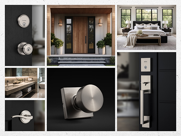 Collage of Kwikset satin nickel door hardware alongside stylish home interior and exterior images.