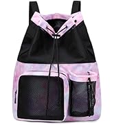 Lohol Large Mesh Drawstring Backpack with Shoe Bag, Durable Swimming String Sack with Handle for ...