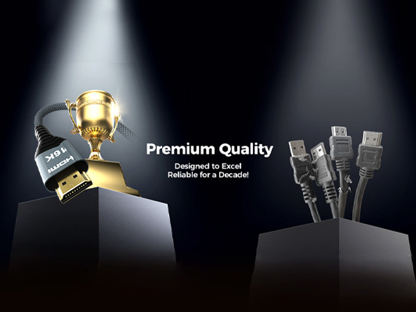 Text reads 'Premium Quality'. Dark dramatic product photography with spotlights illuminating trophies and award-style objects against black background.